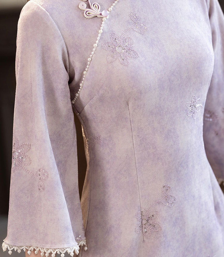 Purple Blue 3/4 Sleeve Midi Cheongsam Qipao Dress