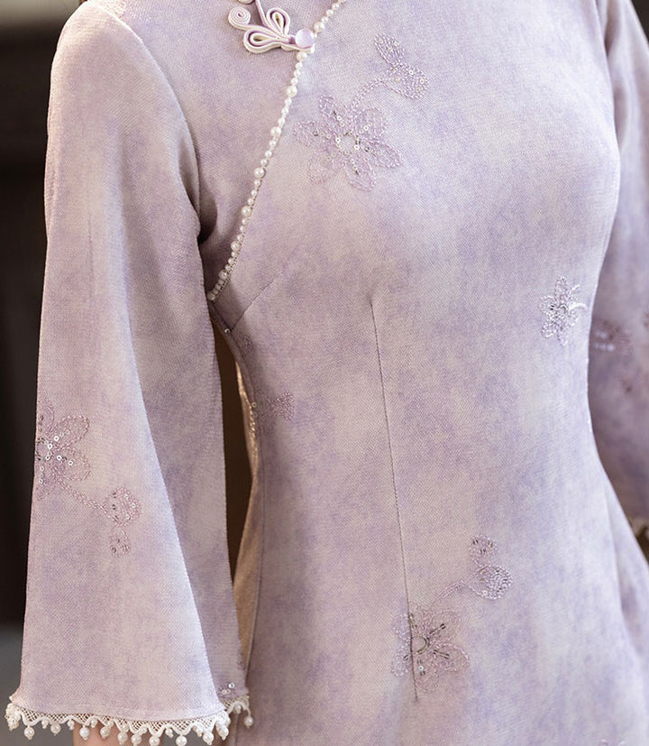 Purple Blue 3/4 Sleeve Midi Cheongsam Qipao Dress