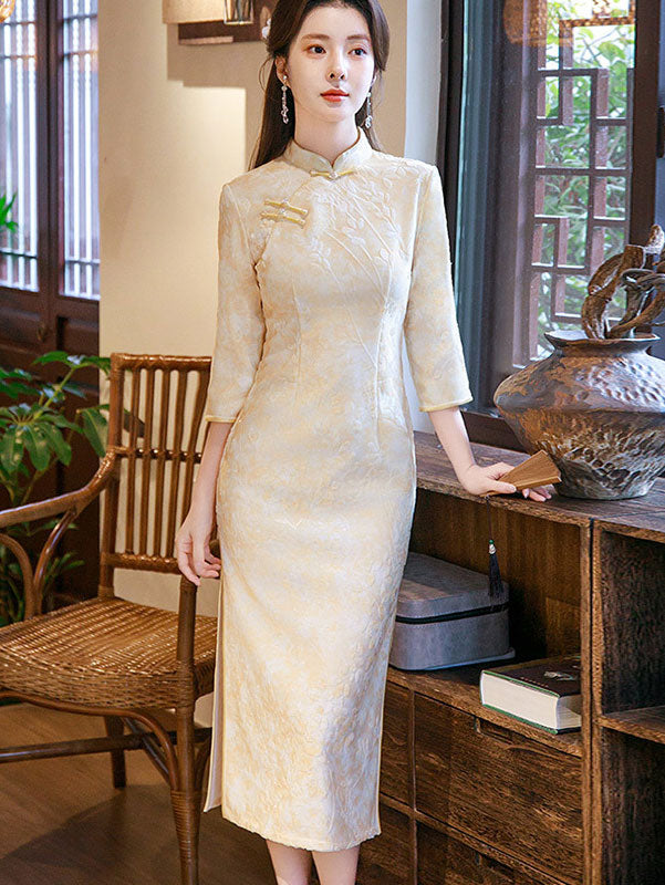 Beige Jacquard Floral 3/4 Sleeve Cheongsam Qipao Dress