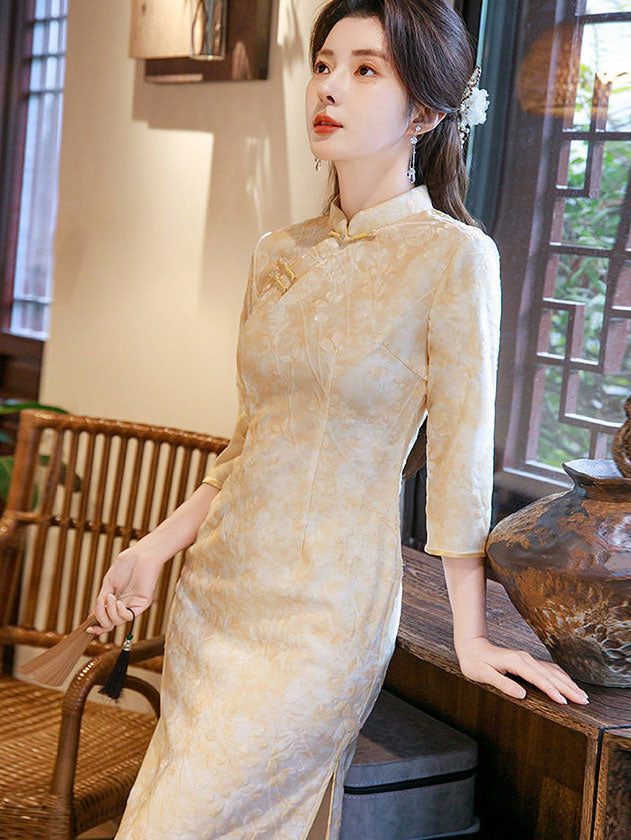 Beige Jacquard Floral 3/4 Sleeve Cheongsam Qipao Dress