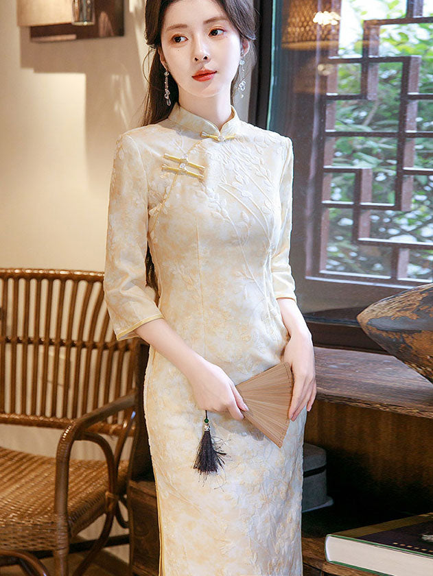 Beige Jacquard Floral 3/4 Sleeve Cheongsam Qipao Dress