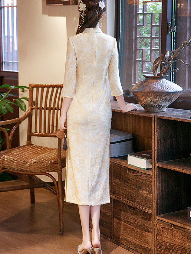 Beige Jacquard Floral 3/4 Sleeve Cheongsam Qipao Dress