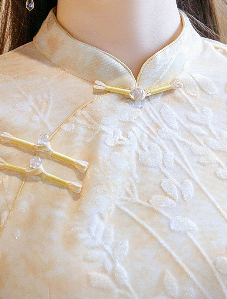 Beige Jacquard Floral 3/4 Sleeve Cheongsam Qipao Dress