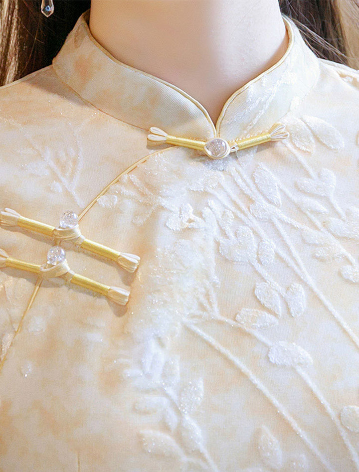 Beige Jacquard Floral 3/4 Sleeve Cheongsam Qipao Dress