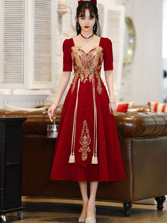 Shimmery Burgundy Sequins Phoenix Wedding Bridal A-Line Dress
