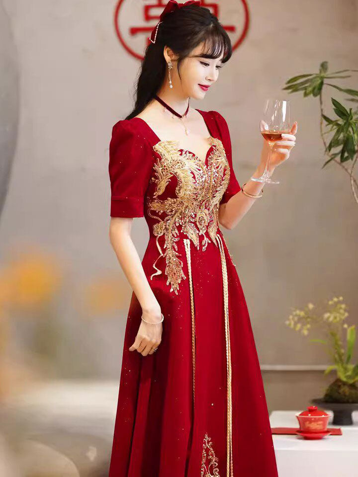 Shimmery Burgundy Sequins Phoenix Wedding Bridal A-Line Dress