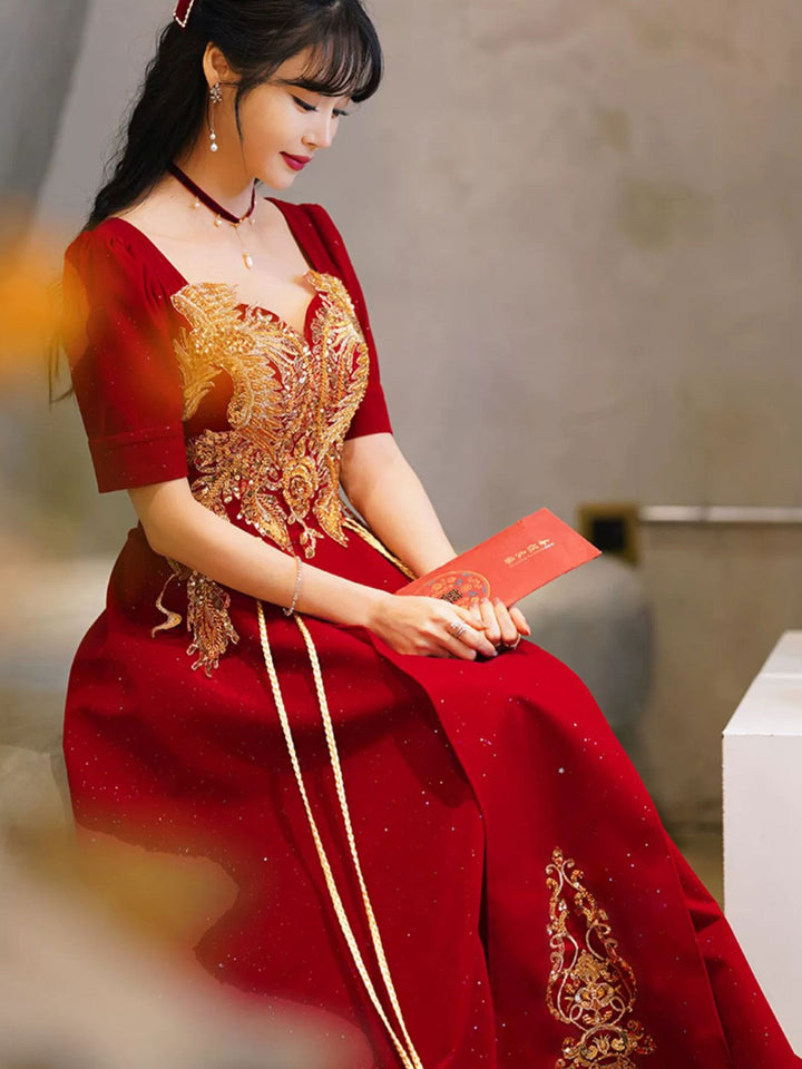 Shimmery Burgundy Sequins Phoenix Wedding Bridal A-Line Dress