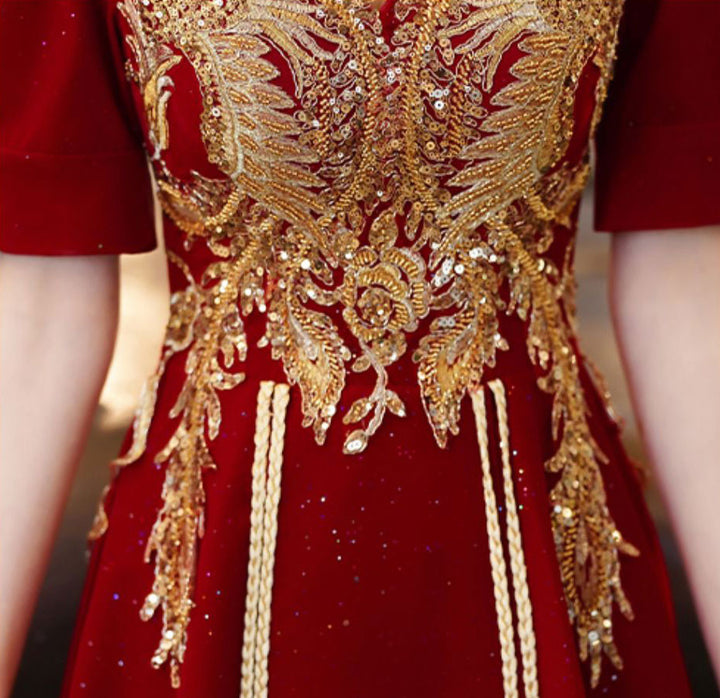 Shimmery Burgundy Sequins Phoenix Wedding Bridal A-Line Dress