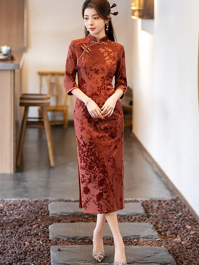 Jacquard Floral Velvet 3/4 Sleeve Cheongsam Qipao Dress