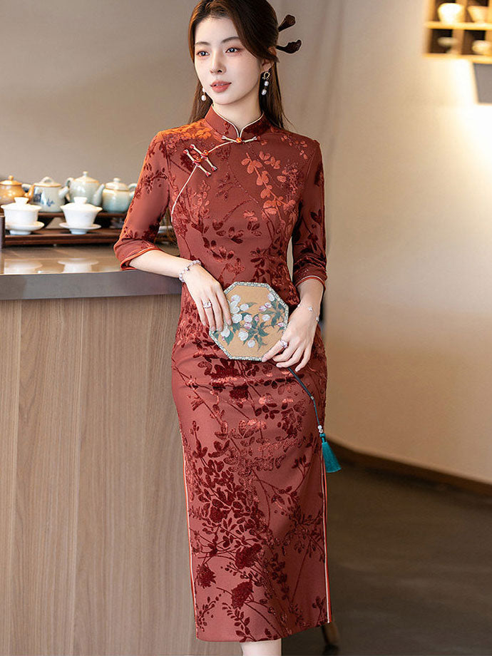 Jacquard Floral Velvet 3/4 Sleeve Cheongsam Qipao Dress