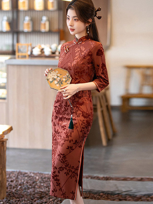 Jacquard Floral Velvet 3/4 Sleeve Cheongsam Qipao Dress