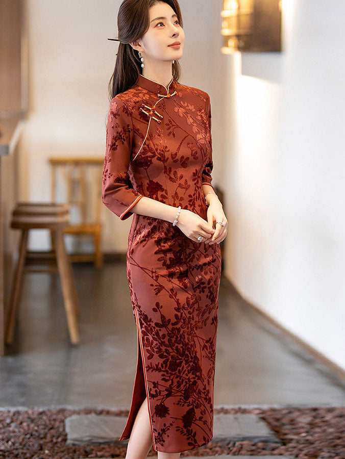 Jacquard Floral Velvet 3/4 Sleeve Cheongsam Qipao Dress