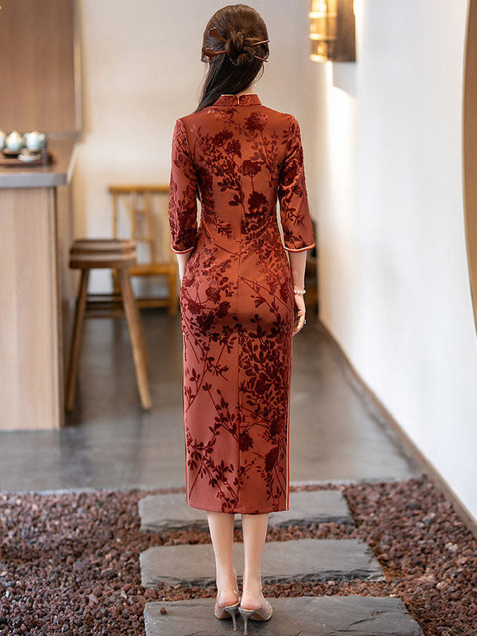 Jacquard Floral Velvet 3/4 Sleeve Cheongsam Qipao Dress