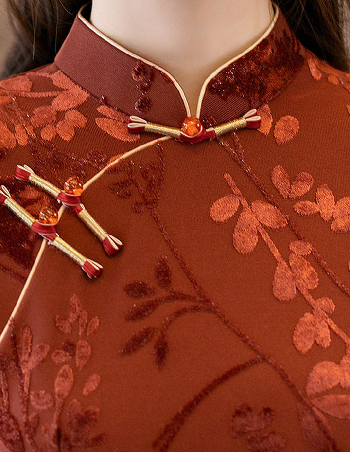 Jacquard Floral Velvet 3/4 Sleeve Cheongsam Qipao Dress