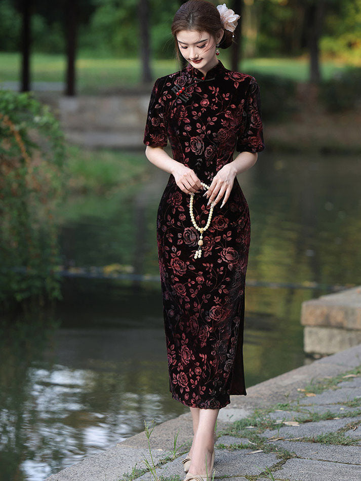 Rose Print Velvet Maxi Cheongsam Qipao Dress