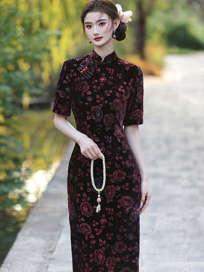 Rose Print Velvet Maxi Cheongsam Qipao Dress