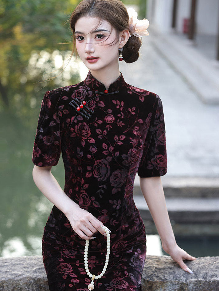 Rose Print Velvet Maxi Cheongsam Qipao Dress