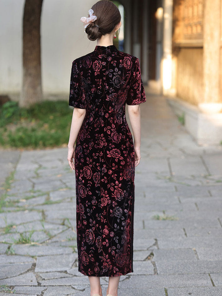 Rose Print Velvet Maxi Cheongsam Qipao Dress