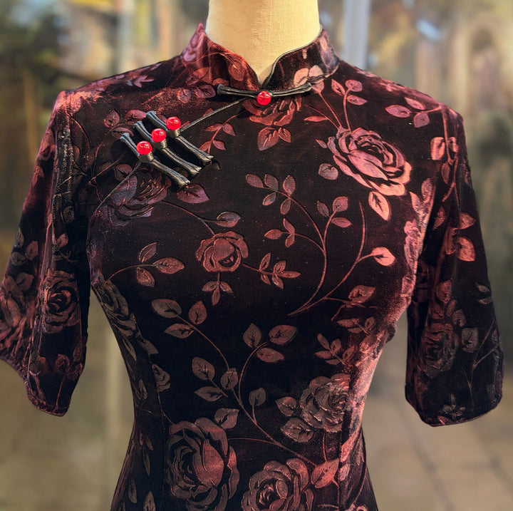Rose Print Velvet Maxi Cheongsam Qipao Dress