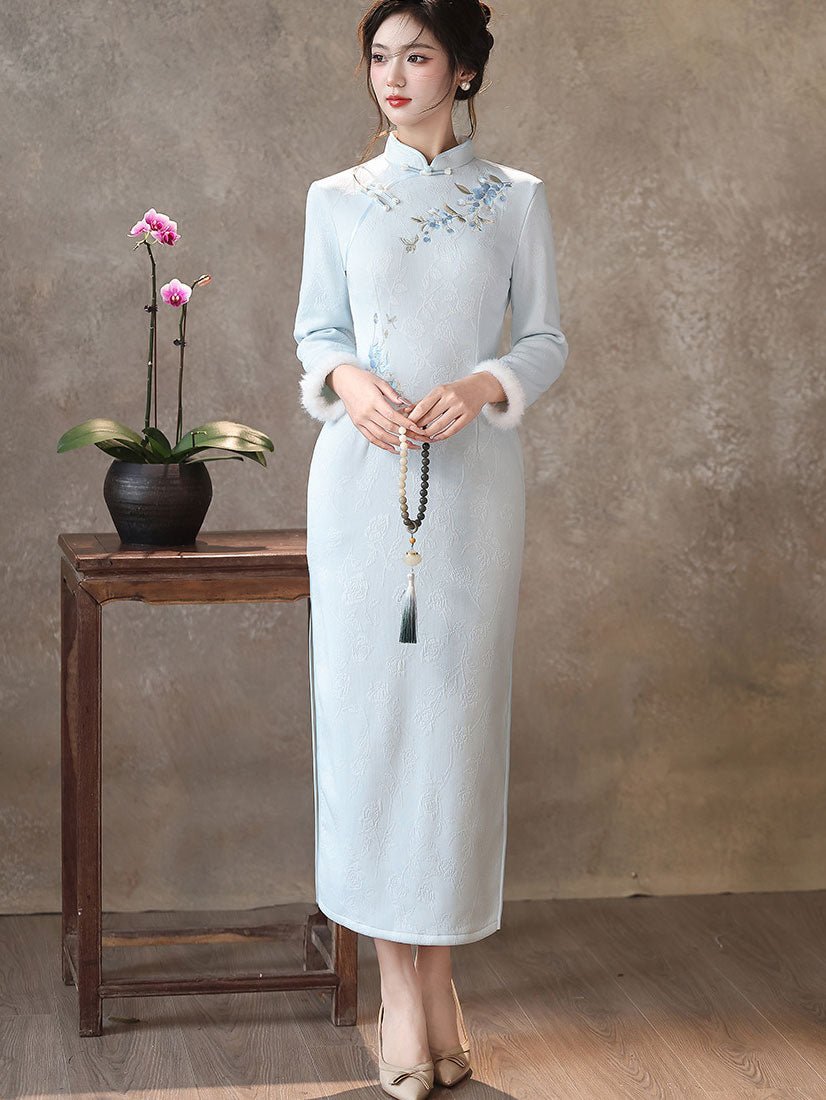 Blue Embroidered Winter Maxi Cheongsam Qipao Dress