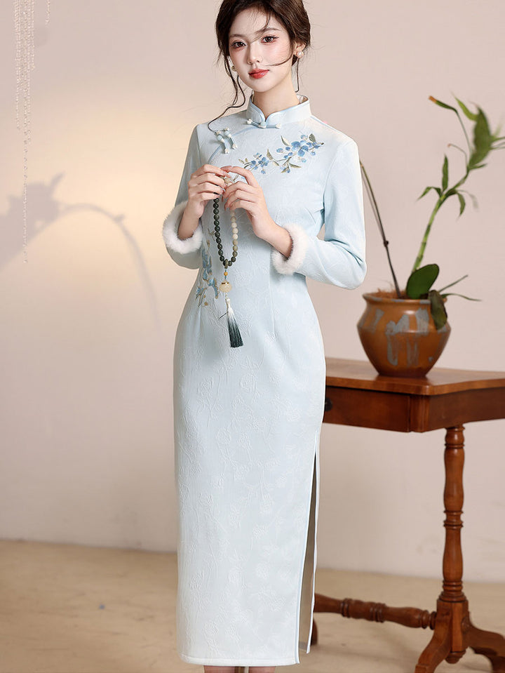 Blue Embroidered Winter Maxi Cheongsam Qipao Dress
