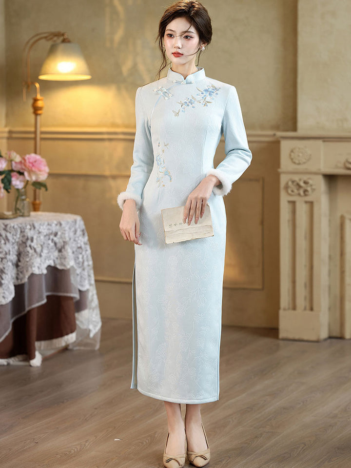 Blue Embroidered Winter Maxi Cheongsam Qipao Dress