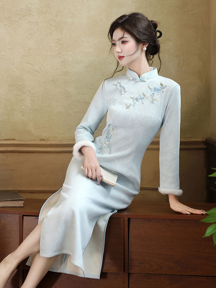 Blue Embroidered Winter Maxi Cheongsam Qipao Dress