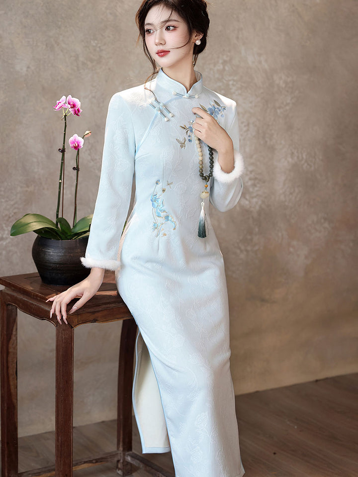 Blue Embroidered Winter Maxi Cheongsam Qipao Dress