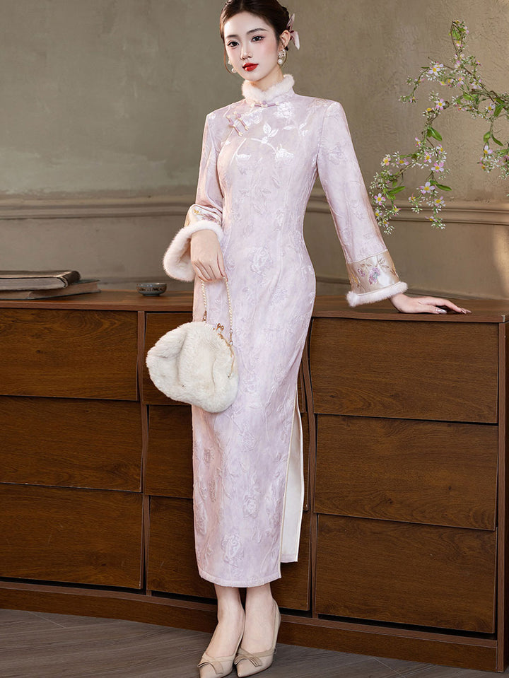 Purple Blue Jacquard Winter Maxi Cheongsam Qipao Dress