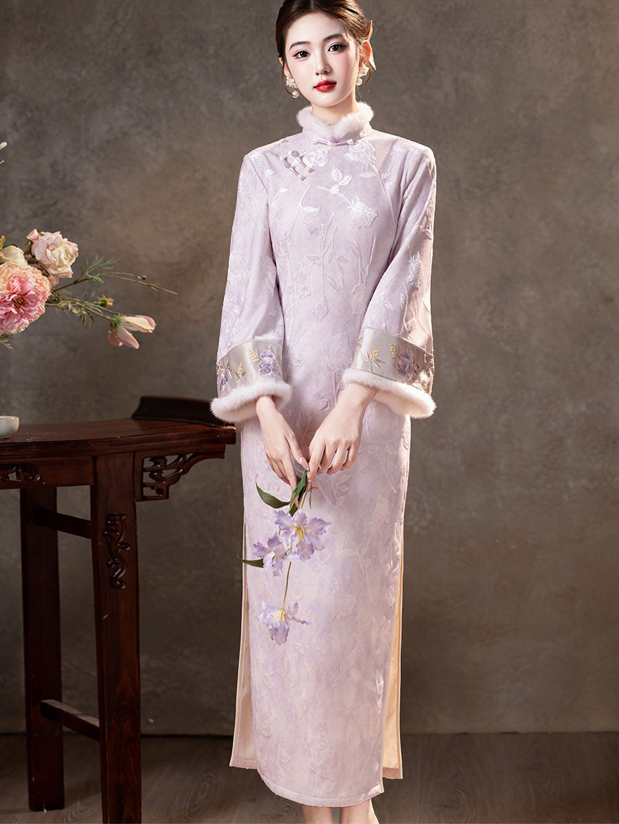 Purple Blue Jacquard Winter Maxi Cheongsam Qipao Dress