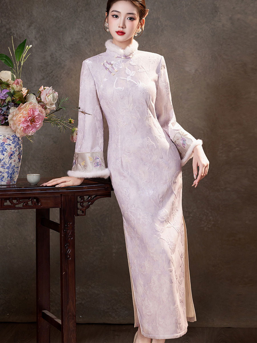 Purple Blue Jacquard Winter Maxi Cheongsam Qipao Dress