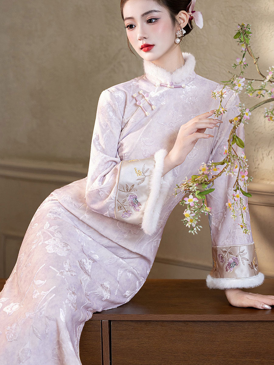 Purple Blue Jacquard Winter Maxi Cheongsam Qipao Dress