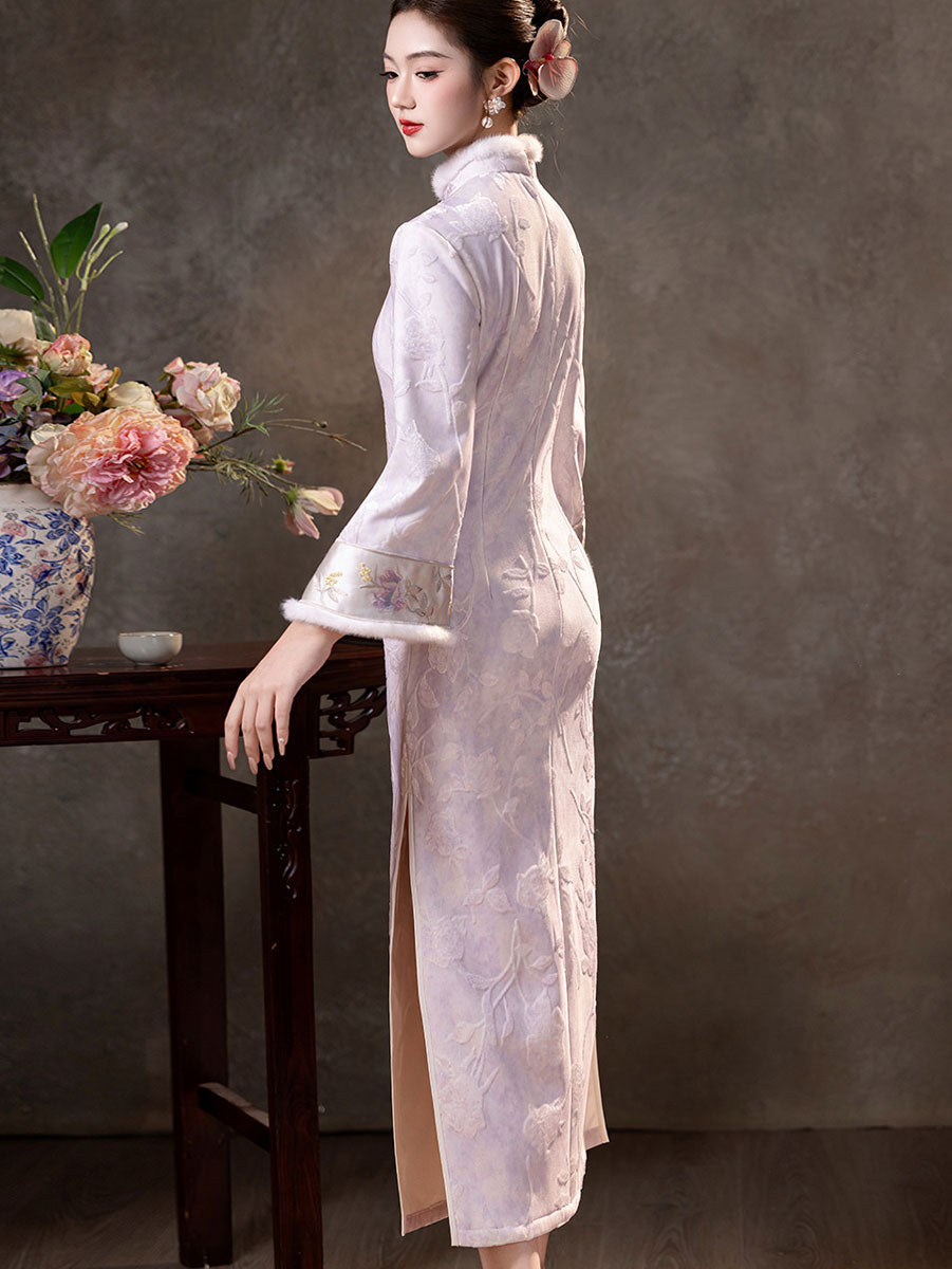 Purple Blue Jacquard Winter Maxi Cheongsam Qipao Dress