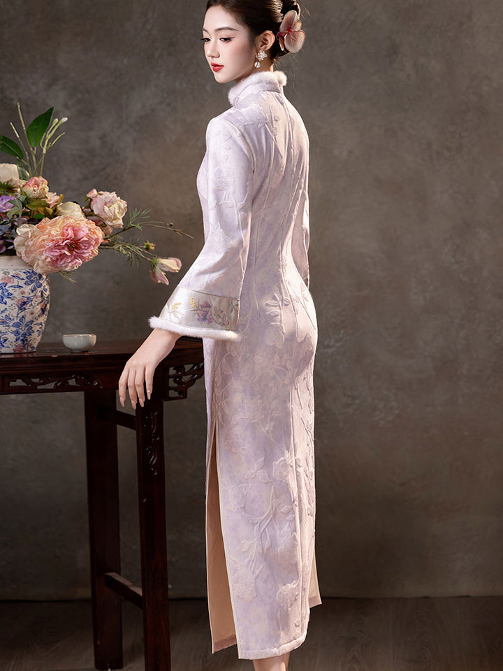 Purple Blue Jacquard Winter Maxi Cheongsam Qipao Dress