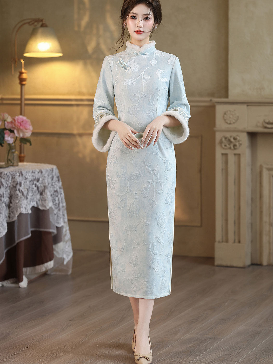 Purple Blue Jacquard Winter Maxi Cheongsam Qipao Dress
