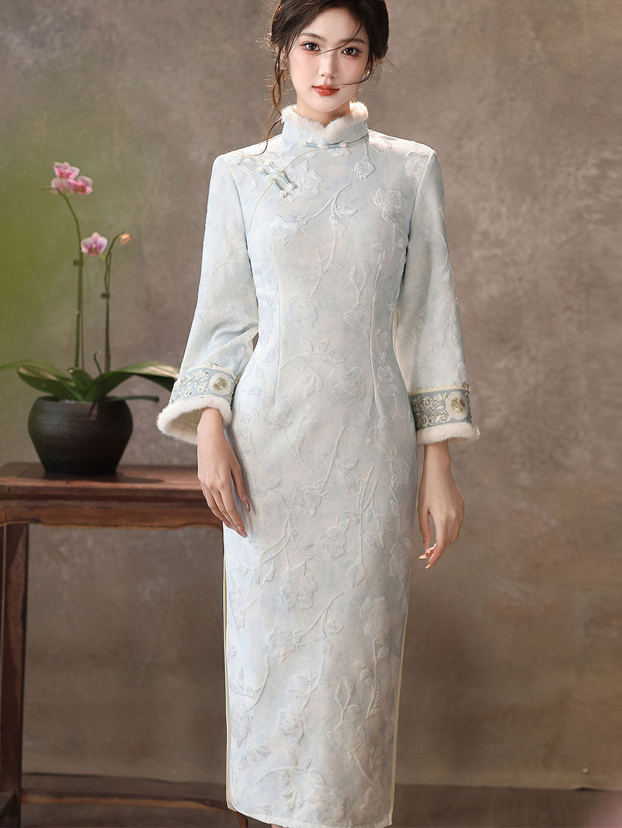 Purple Blue Jacquard Winter Maxi Cheongsam Qipao Dress