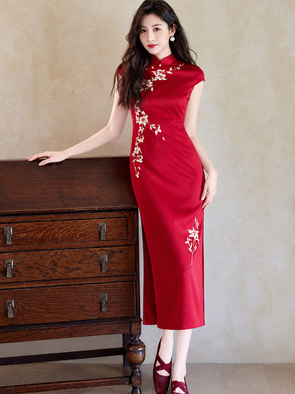 Red Embroidered Satin Wedding Bridal Cheongsam Qipao Dress