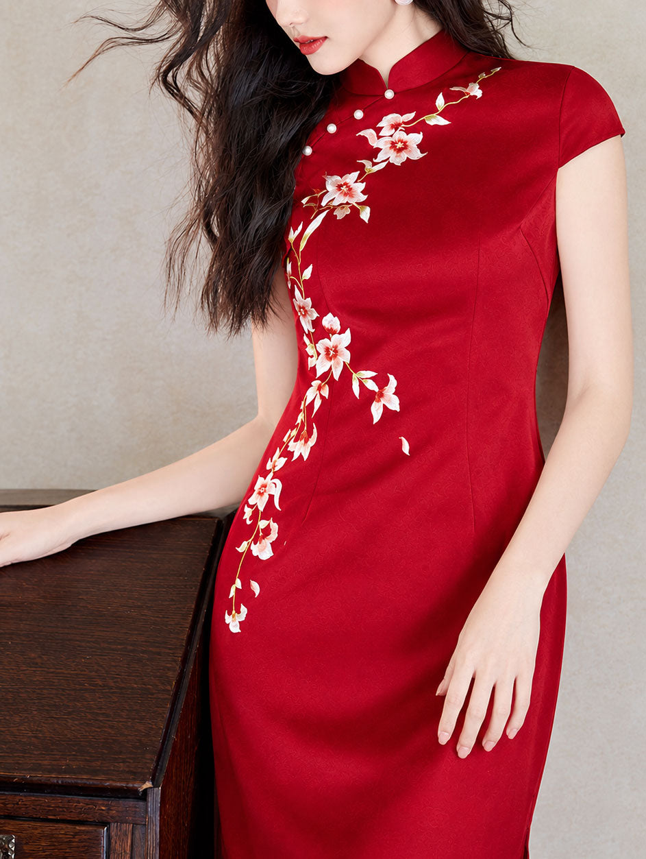 Red Embroidered Satin Wedding Bridal Cheongsam Qipao Dress