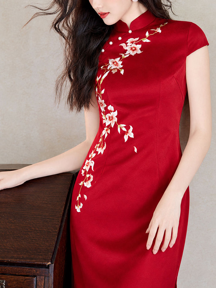 Red Embroidered Satin Wedding Bridal Cheongsam Qipao Dress