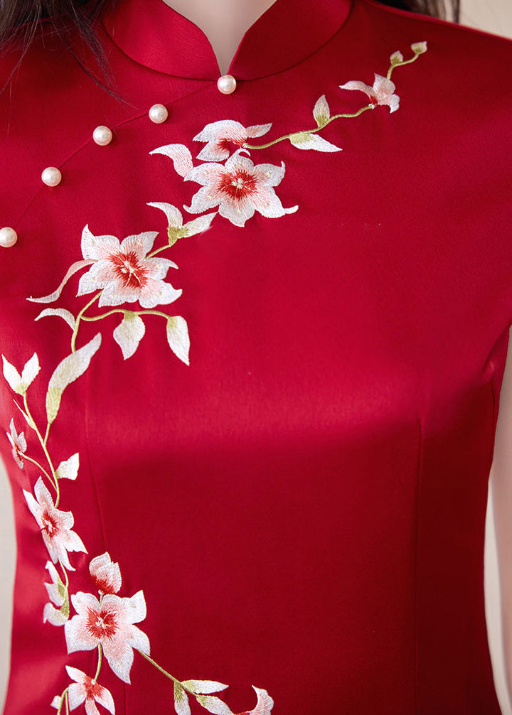 Red Embroidered Satin Wedding Bridal Cheongsam Qipao Dress