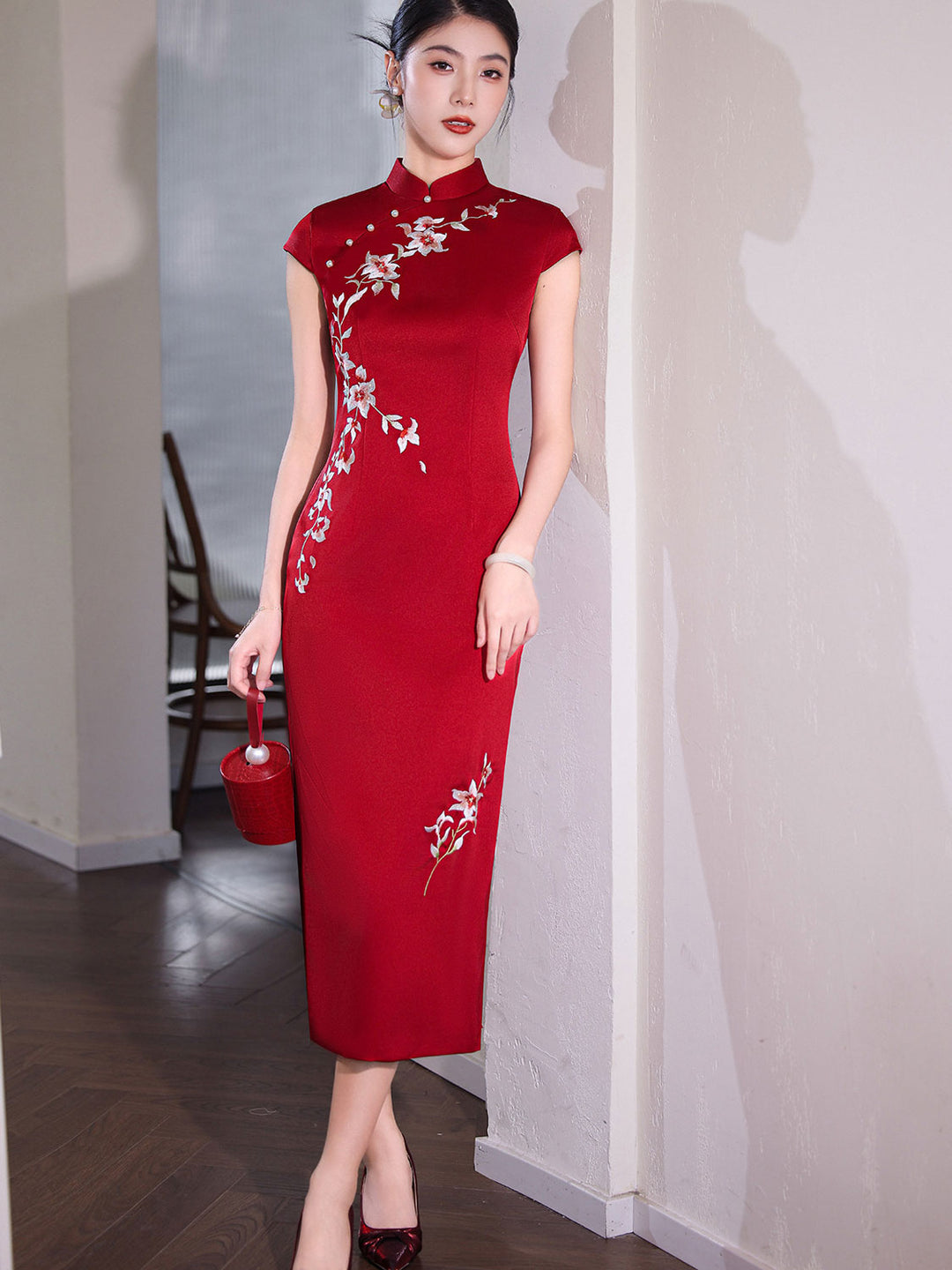 Red Embroidered Satin Wedding Bridal Cheongsam Qipao Dress