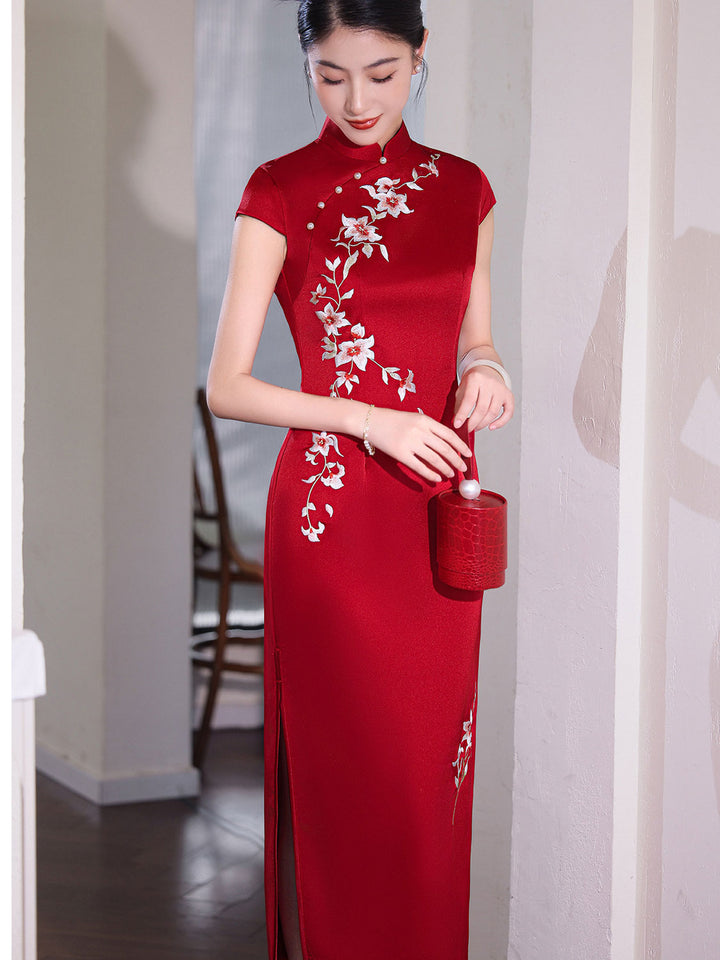 Red Embroidered Satin Wedding Bridal Cheongsam Qipao Dress