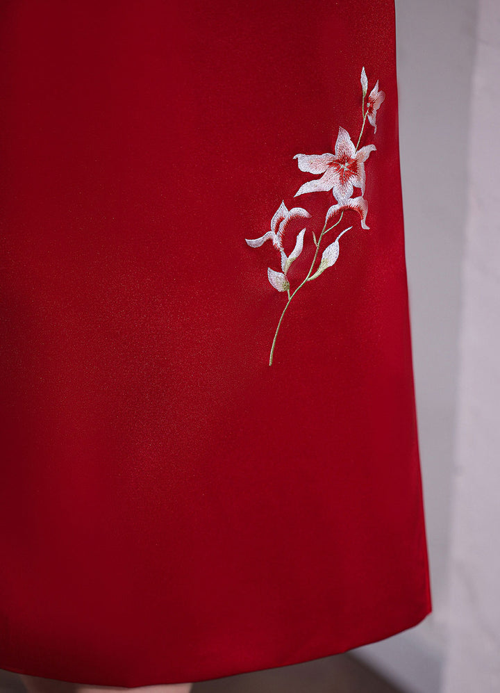Red Embroidered Satin Wedding Bridal Cheongsam Qipao Dress