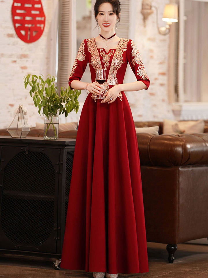 Burgundy Square A-Line Maxi Wedding Bridal Prom Dress
