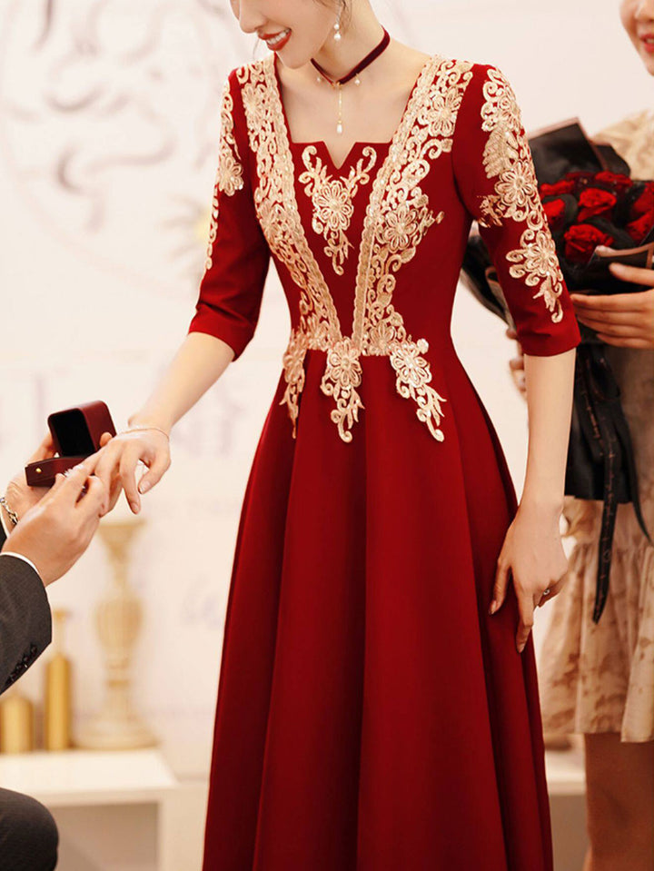 Burgundy Square A-Line Maxi Wedding Bridal Prom Dress