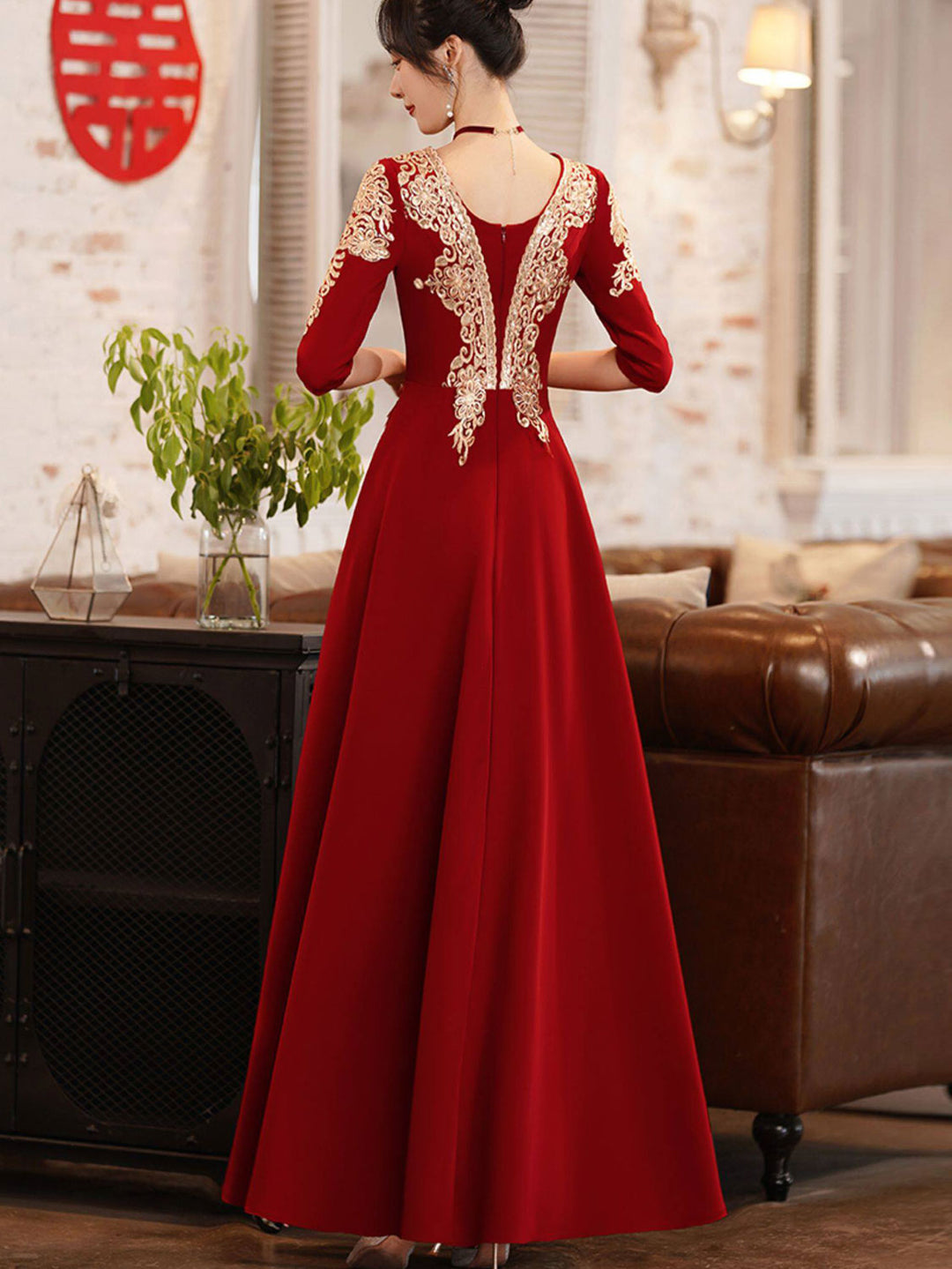 Burgundy Square A-Line Maxi Wedding Bridal Prom Dress