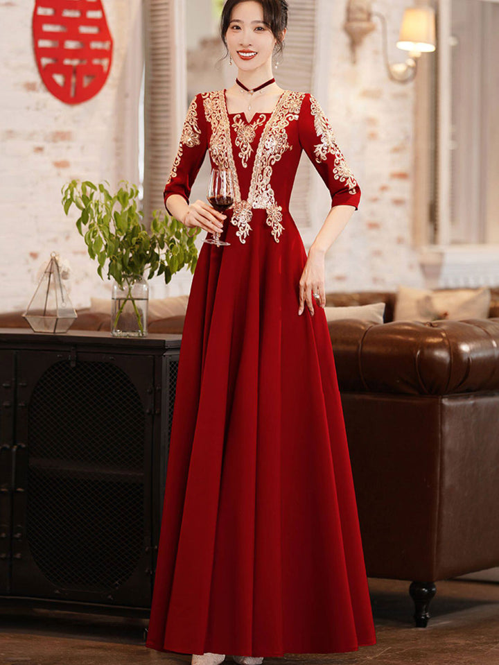 Burgundy Square A-Line Maxi Wedding Bridal Prom Dress