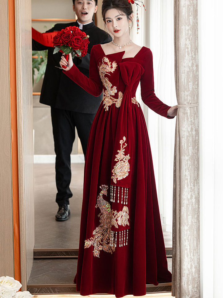 Burgundy Velvet Long Sleeve Phoenix Winter Wedding Bridal Prom Dress