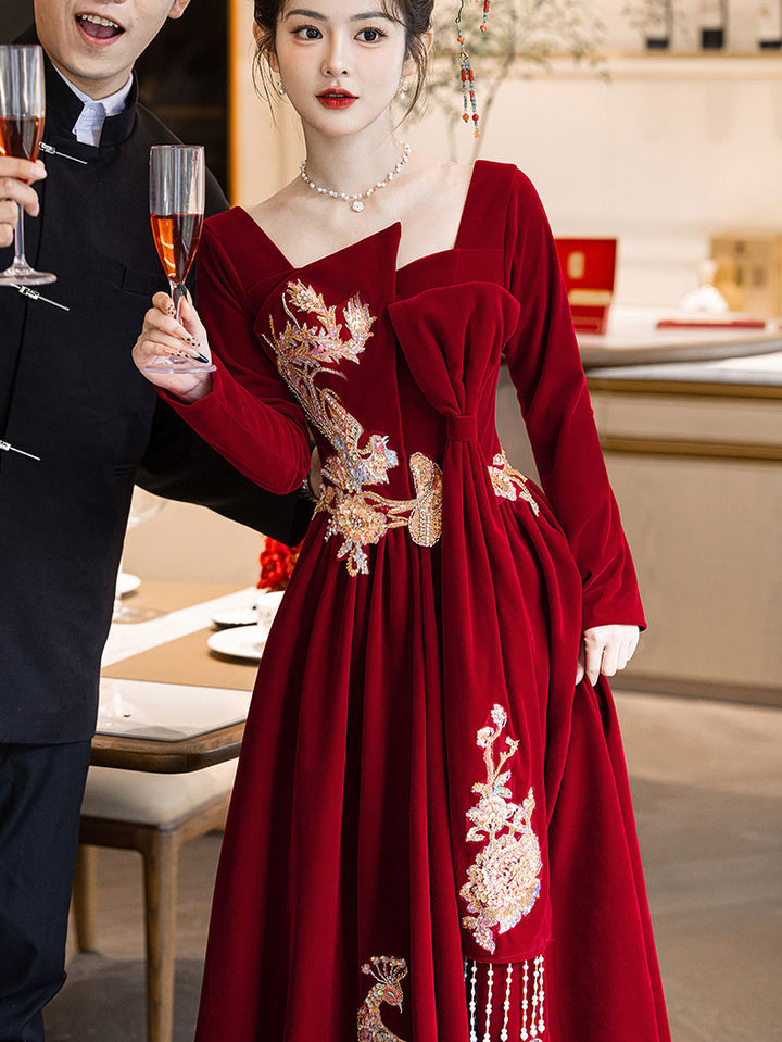 Burgundy Velvet Long Sleeve Phoenix Winter Wedding Bridal Prom Dress