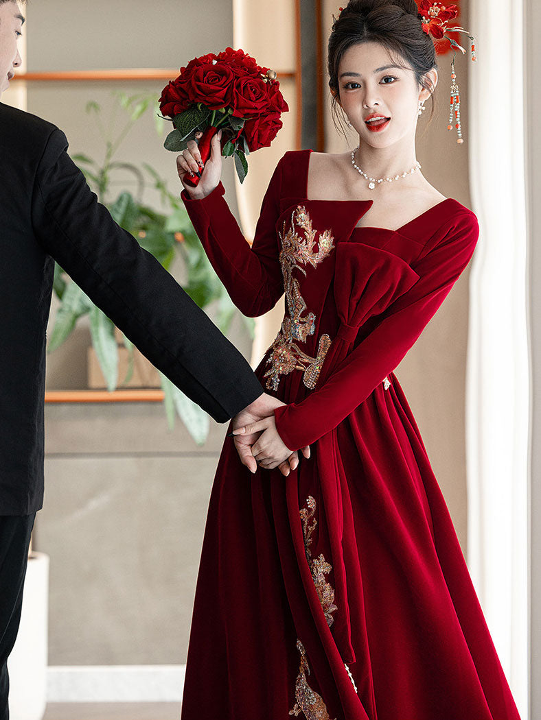 Burgundy Velvet Long Sleeve Phoenix Winter Wedding Bridal Prom Dress